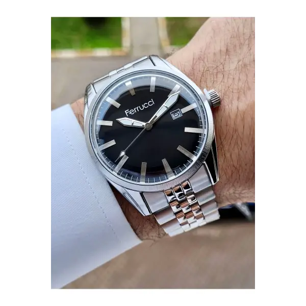Ferrucci FCISTE251 Kadranı Siyah Kordonu Gümüş Renk Takvimli Erkek Kol Saati
