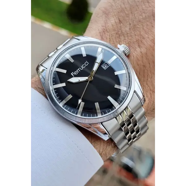 Ferrucci FCISTE251 Kadranı Siyah Kordonu Gümüş Renk Takvimli Erkek Kol Saati