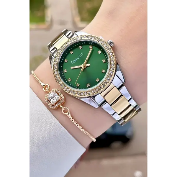 Ferrucci FC1ISTE246 Kadranı Yeşil Kordonu Gold Gümüş Renk Hediye Paketli Kadın Kol Saati ve Bileklik