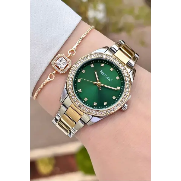 Ferrucci FC1ISTE246 Kadranı Yeşil Kordonu Gold Gümüş Renk Hediye Paketli Kadın Kol Saati ve Bileklik