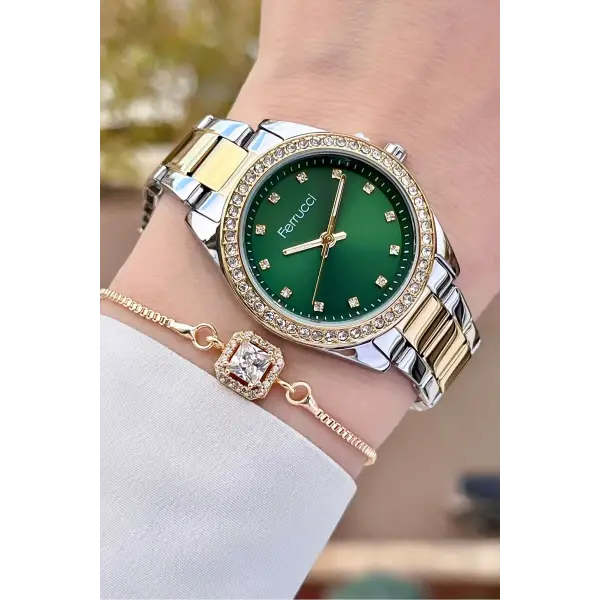 Ferrucci FC1ISTE246 Kadranı Yeşil Kordonu Gold Gümüş Renk Hediye Paketli Kadın Kol Saati ve Bileklik