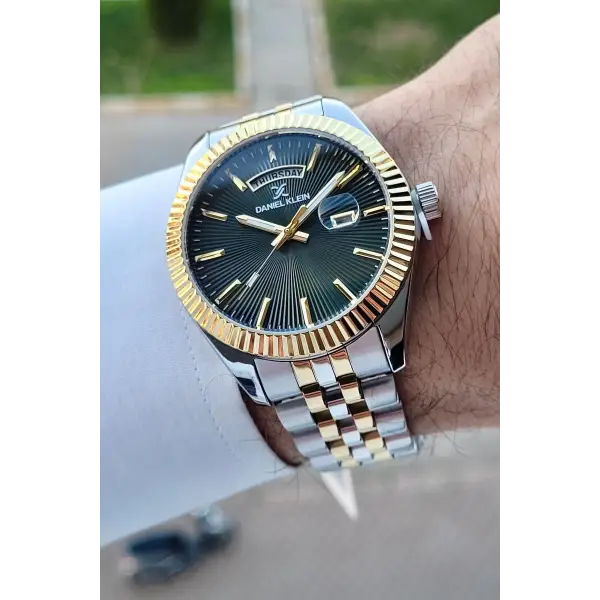 Daniel Klein DKISTE1012 Kadranı Yeşil Kordonu Gold Gümüş Renk Hediye Paketli Takvim ve Günlü Erkek Kol Saati