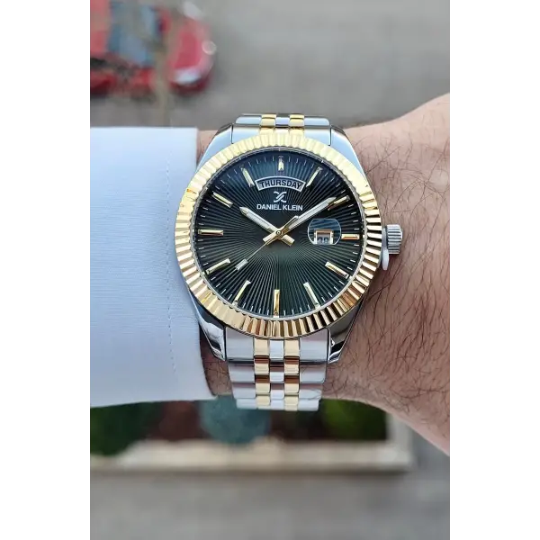 Daniel Klein DKISTE1012 Kadranı Yeşil Kordonu Gold Gümüş Renk Hediye Paketli Takvim ve Günlü Erkek Kol Saati