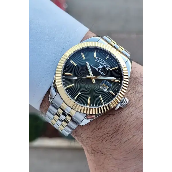 Daniel Klein DKISTE1012 Kadranı Yeşil Kordonu Gold Gümüş Renk Hediye Paketli Takvim ve Günlü Erkek Kol Saati