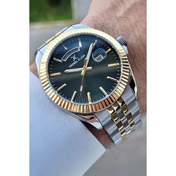 Daniel Klein DKISTE1012 Kadranı Yeşil Kordonu Gold Gümüş Renk Hediye Paketli Takvim ve Günlü Erkek Kol Saati