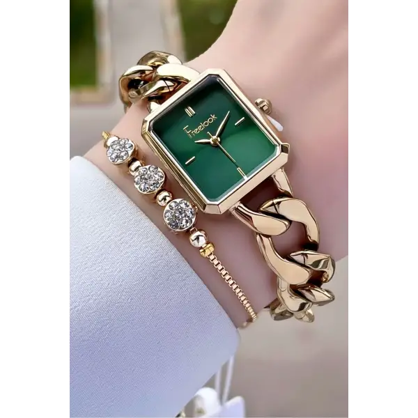 Freelook FLISTE30 Gold Renk Zincirli Hediye Paketli 5 ATM Kadın Kol Saati ve Bileklik