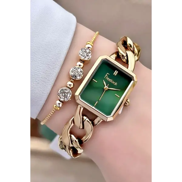 Freelook FLISTE30 Gold Renk Zincirli Hediye Paketli 5 ATM Kadın Kol Saati ve Bileklik