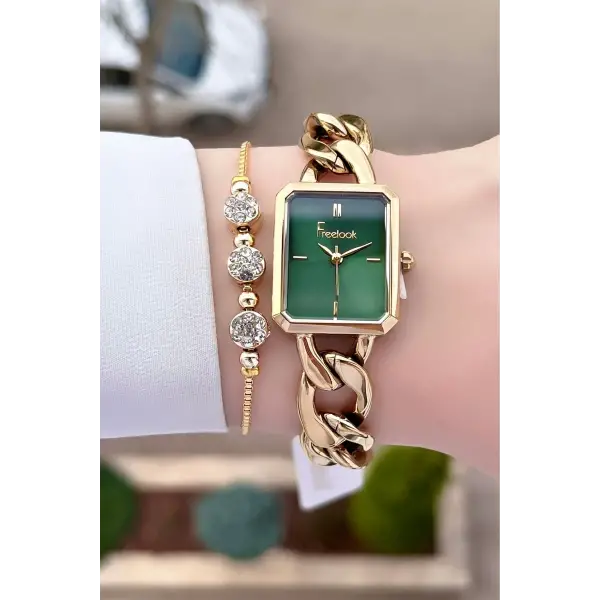Freelook FLISTE30 Gold Renk Zincirli Hediye Paketli 5 ATM Kadın Kol Saati ve Bileklik
