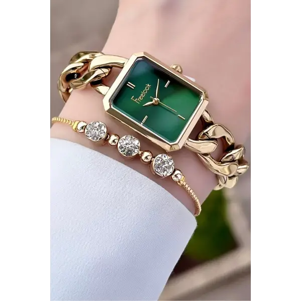 Freelook FLISTE30 Gold Renk Zincirli Hediye Paketli 5 ATM Kadın Kol Saati ve Bileklik