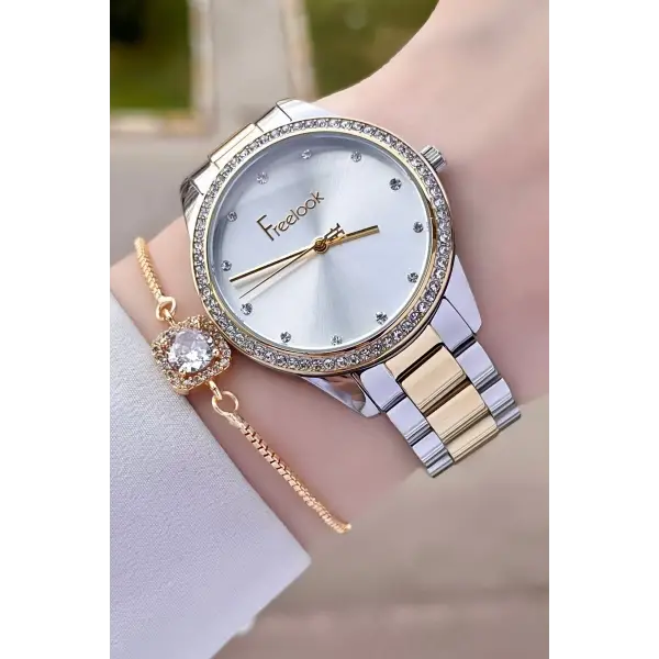 Freelook FLISTE28 Gold Gümüş Renk Hediye Paketli 5 ATM Kadın Kol Saati ve Bileklik