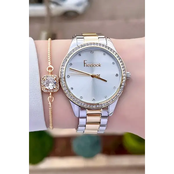 Freelook FLISTE28 Gold Gümüş Renk Hediye Paketli 5 ATM Kadın Kol Saati ve Bileklik