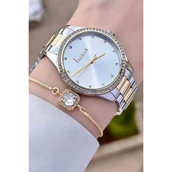 Freelook FLISTE28 Gold Gümüş Renk Hediye Paketli 5 ATM Kadın Kol Saati ve Bileklik