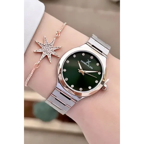 Daniel Klein DKISTE1040Kadranı Yeşil Rose Gümüş Renk Hediye Paketli Kadın Kol Saati ve Bileklik