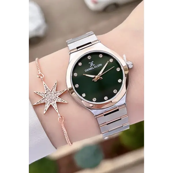 Daniel Klein DKISTE1040Kadranı Yeşil Rose Gümüş Renk Hediye Paketli Kadın Kol Saati ve Bileklik
