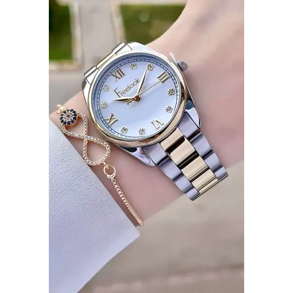 Freelook FLISTE27 Gold Gümüş Renk Hediye Paketli 5 ATM Kadın Kol Saati ve Bileklik