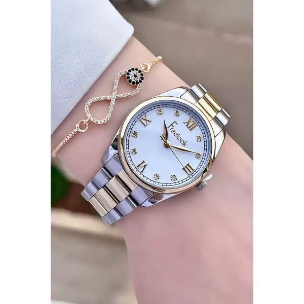 Freelook FLISTE27 Gold Gümüş Renk Hediye Paketli 5 ATM Kadın Kol Saati ve Bileklik