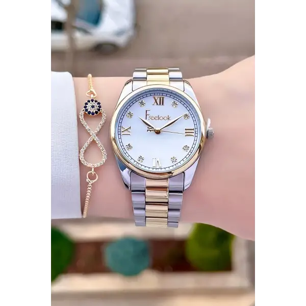 Freelook FLISTE27 Gold Gümüş Renk Hediye Paketli 5 ATM Kadın Kol Saati ve Bileklik