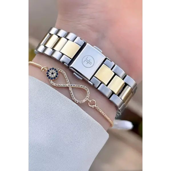 Freelook FLISTE27 Gold Gümüş Renk Hediye Paketli 5 ATM Kadın Kol Saati ve Bileklik