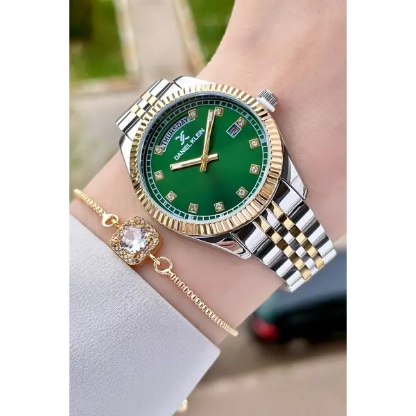 Daniel Klein DKISTE1085 Kadranı Yeşil Gold Gümüş Renk Hediye Paketli Takvimli Kadın Kol Saati ve Bileklik