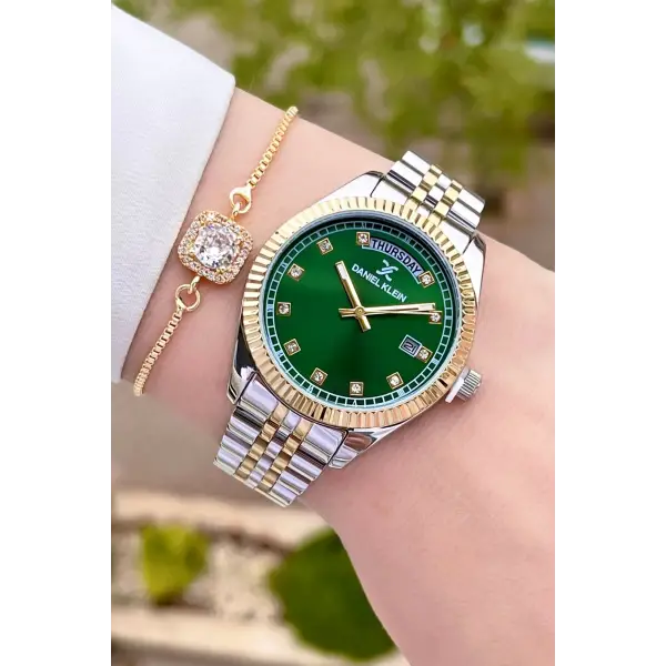 Daniel Klein DKISTE1085 Kadranı Yeşil Gold Gümüş Renk Hediye Paketli Takvimli Kadın Kol Saati ve Bileklik