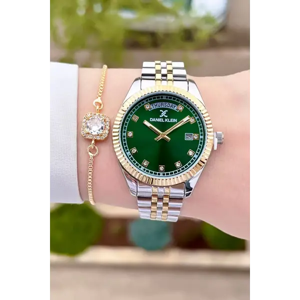 Daniel Klein DKISTE1085 Kadranı Yeşil Gold Gümüş Renk Hediye Paketli Takvimli Kadın Kol Saati ve Bileklik