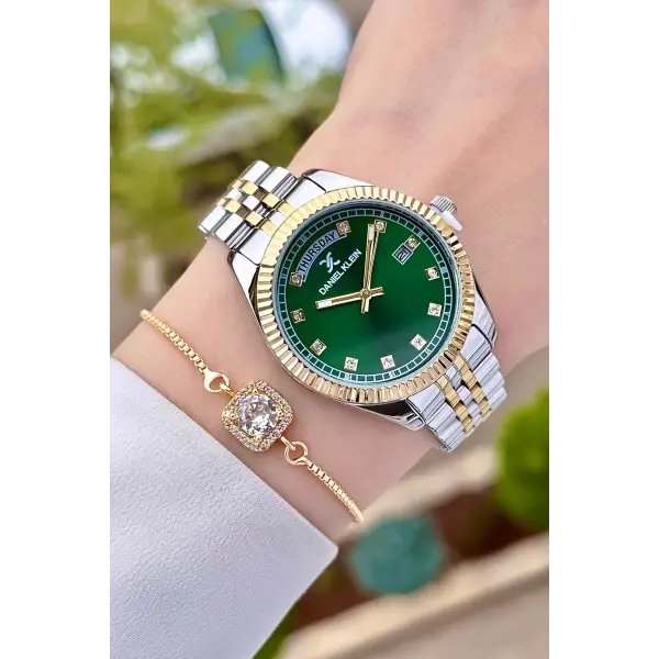 Daniel Klein DKISTE1085 Kadranı Yeşil Gold Gümüş Renk Hediye Paketli Takvimli Kadın Kol Saati ve Bileklik