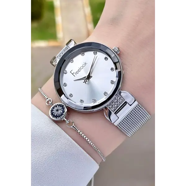 Freelook FLISTE34 Gümüş Renk Hediye Paketli 5 ATM Kadın Kol Saati ve Bileklik