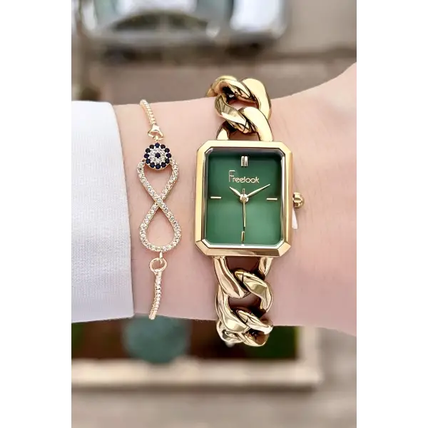 Freelook FL1ISTE30 Gold Renk Zincirli Hediye Paketli 5 ATM Kadın Kol Saati ve Bileklik