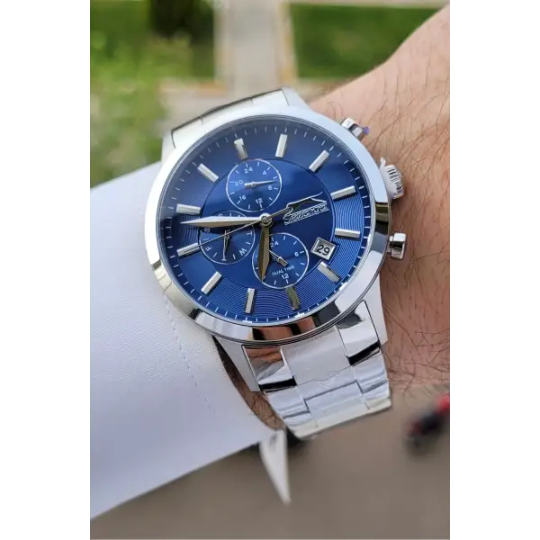 Slazenger SLISTE9 Kadranı Lacivert Kordonu Gümüş Renk Göstergeleri Aktif Hediye Paketli Erkek Kol Saati