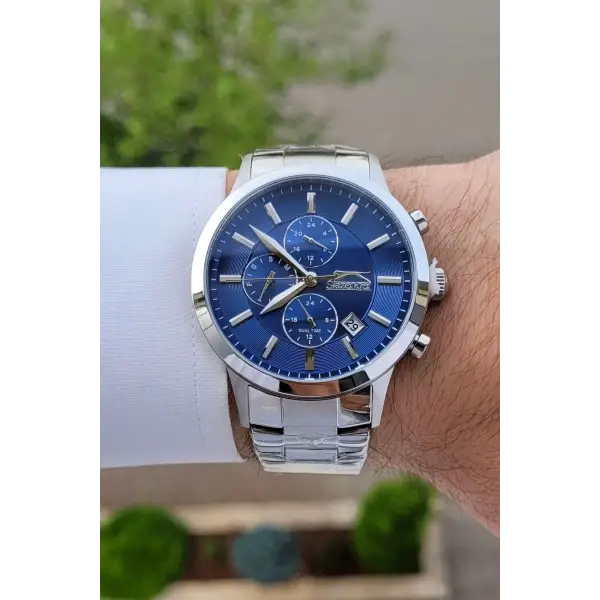 Slazenger SLISTE9 Kadranı Lacivert Kordonu Gümüş Renk Göstergeleri Aktif Hediye Paketli Erkek Kol Saati
