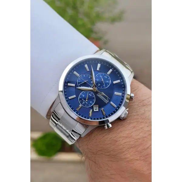 Slazenger SLISTE9 Kadranı Lacivert Kordonu Gümüş Renk Göstergeleri Aktif Hediye Paketli Erkek Kol Saati