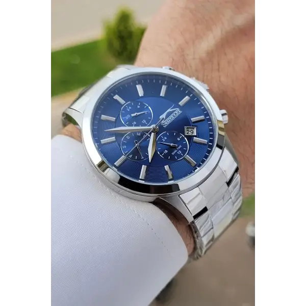 Slazenger SLISTE9 Kadranı Lacivert Kordonu Gümüş Renk Göstergeleri Aktif Hediye Paketli Erkek Kol Saati