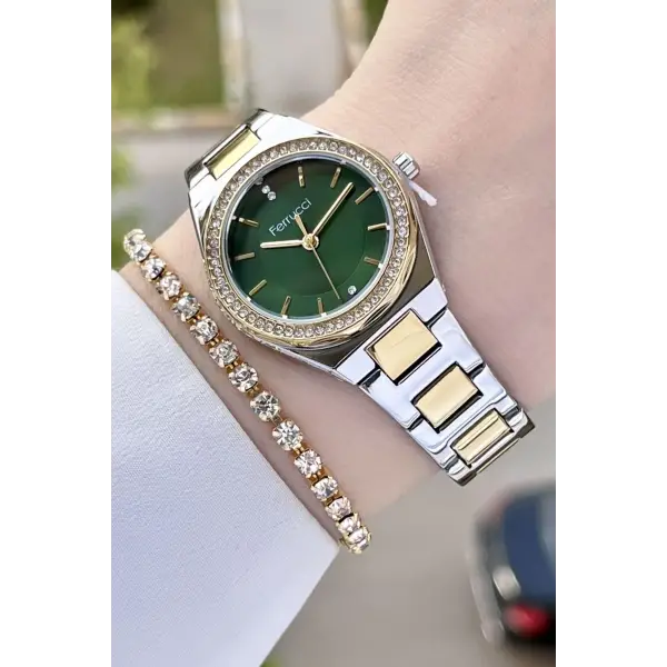 Ferrucci FCISTE290 Kadranı Yeşil Gold Gümüş Renk Hediye Paketli Kadın Kol Saati ve Bileklik