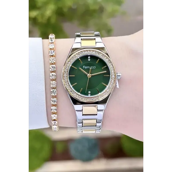 Ferrucci FCISTE290 Kadranı Yeşil Gold Gümüş Renk Hediye Paketli Kadın Kol Saati ve Bileklik