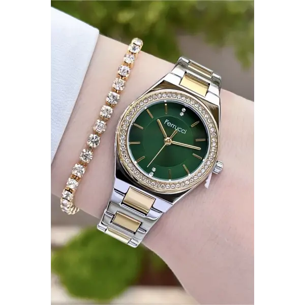 Ferrucci FCISTE290 Kadranı Yeşil Gold Gümüş Renk Hediye Paketli Kadın Kol Saati ve Bileklik