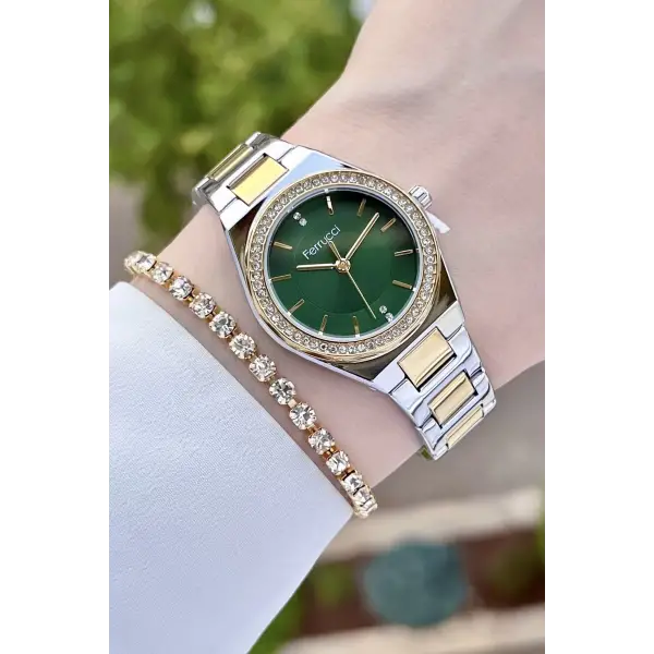 Ferrucci FCISTE290 Kadranı Yeşil Gold Gümüş Renk Hediye Paketli Kadın Kol Saati ve Bileklik