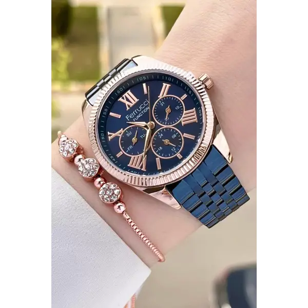 Ferrucci FCISTE284 Kasası Rose Kordonu Lacivert Renk Hediye Paketli Kadın Kol Saati ve Bileklik
