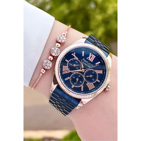 Ferrucci FCISTE284 Kasası Rose Kordonu Lacivert Renk Hediye Paketli Kadın Kol Saati ve Bileklik