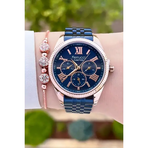 Ferrucci FCISTE284 Kasası Rose Kordonu Lacivert Renk Hediye Paketli Kadın Kol Saati ve Bileklik