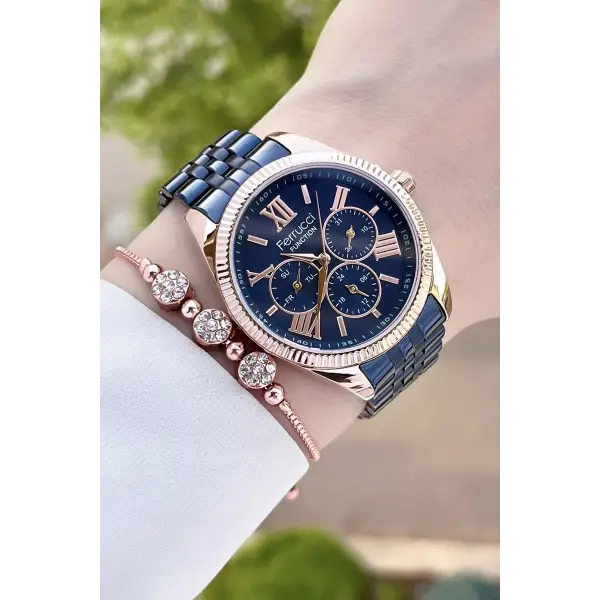 Ferrucci FCISTE284 Kasası Rose Kordonu Lacivert Renk Hediye Paketli Kadın Kol Saati ve Bileklik