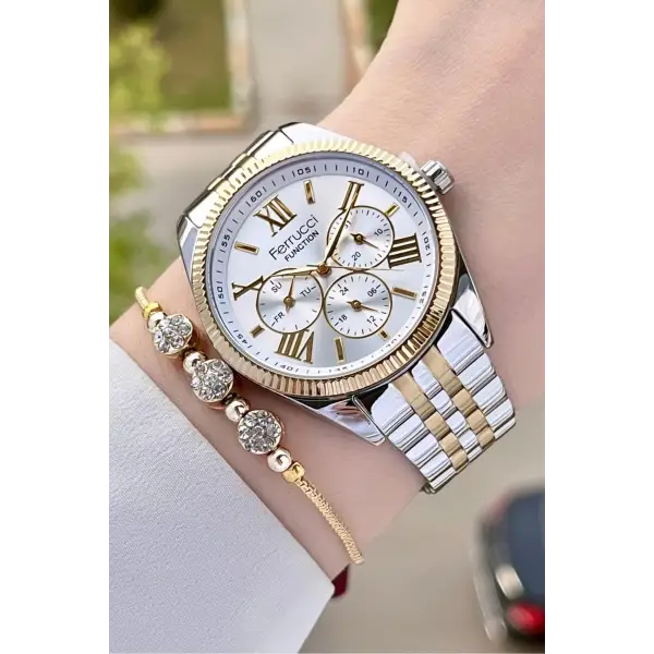Ferrucci FCISTE282 Gold Gümüş Renk Hediye Paketli İç Göstergeleri Aktif Kadın Kol Saati ve Bileklik
