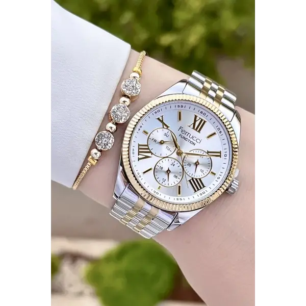 Ferrucci FCISTE282 Gold Gümüş Renk Hediye Paketli İç Göstergeleri Aktif Kadın Kol Saati ve Bileklik
