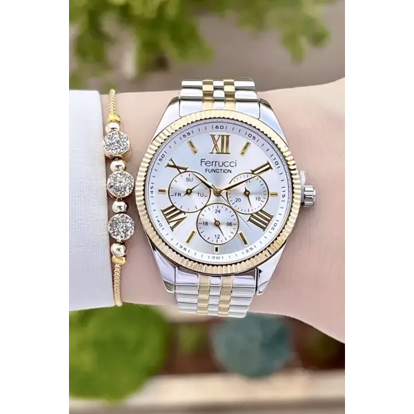 Ferrucci FCISTE282 Gold Gümüş Renk Hediye Paketli İç Göstergeleri Aktif Kadın Kol Saati ve Bileklik