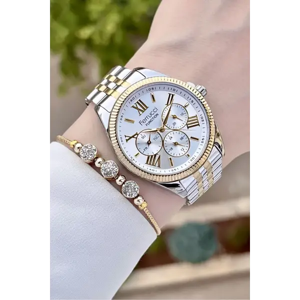 Ferrucci FCISTE282 Gold Gümüş Renk Hediye Paketli İç Göstergeleri Aktif Kadın Kol Saati ve Bileklik
