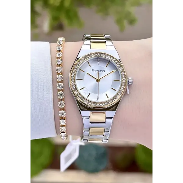 Ferrucci FCISTE291 Gold Gümüş Renk Hediye Paketli Kadın Kol Saati ve Bileklik