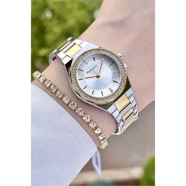 Ferrucci FCISTE291 Gold Gümüş Renk Hediye Paketli Kadın Kol Saati ve Bileklik