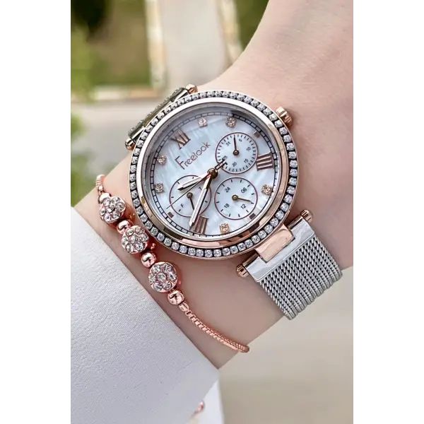 Freelook FLISTE39 Rose Gümüş Renk Hediye Paketli 5 ATM Fonksiyonlu Kadın Kol Saati ve Bileklik