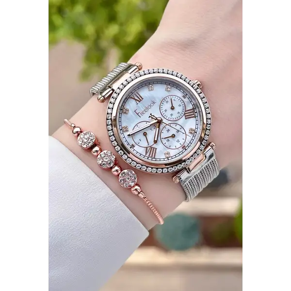 Freelook FLISTE39 Rose Gümüş Renk Hediye Paketli 5 ATM Fonksiyonlu Kadın Kol Saati ve Bileklik