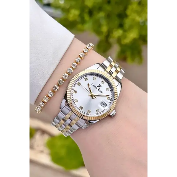 Daniel Klein DKISTE1142 Gold Gümüş Renk Hediye Paketli Takvimli Kadın Kol Saati ve Bileklik