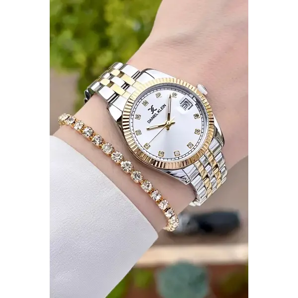 Daniel Klein DKISTE1142 Gold Gümüş Renk Hediye Paketli Takvimli Kadın Kol Saati ve Bileklik